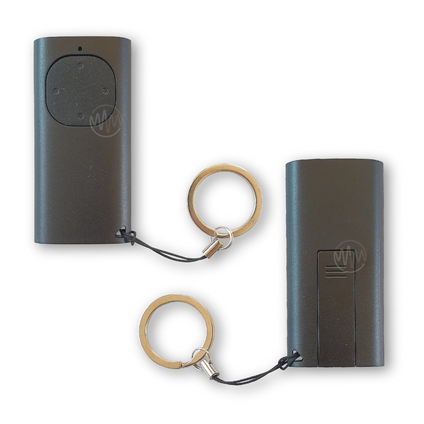 Black oblong garage door remote with rolled sides & rounded square button pad shown from front & back.