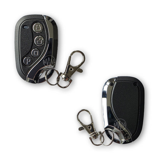 Front & Back view of a Black & chrome egg shaped gate remote control with 4 round buttons with padlock closed, padlock open, square & a P embossed on them.
