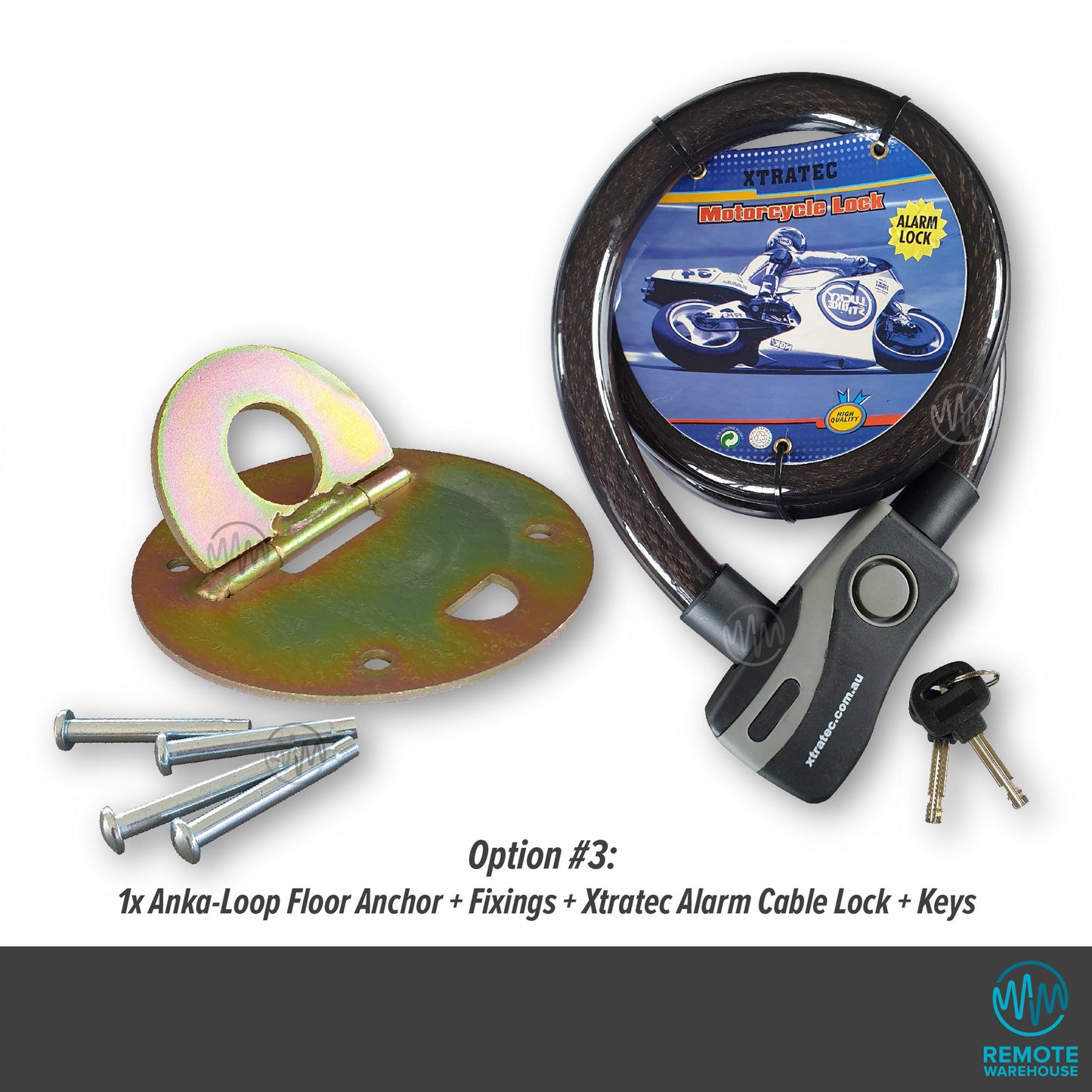 Metal circular Anka-Loop security floor anchor with fixings & xtratec motorcycle alarm lock & keys