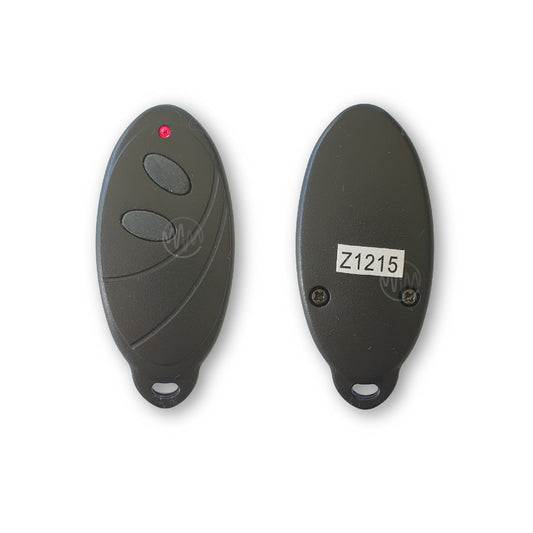 AVS black surfboard shaped car alarm remote with 2 black oval rubber buttons front & back view
