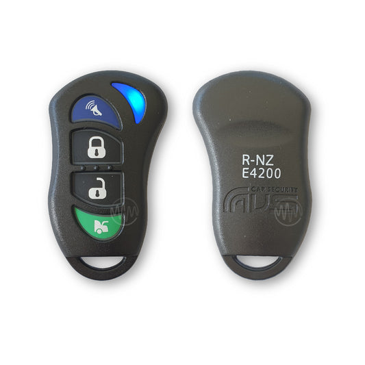 Front & back view of AVS black with 4 multi colour button, blue led car alarm remote
