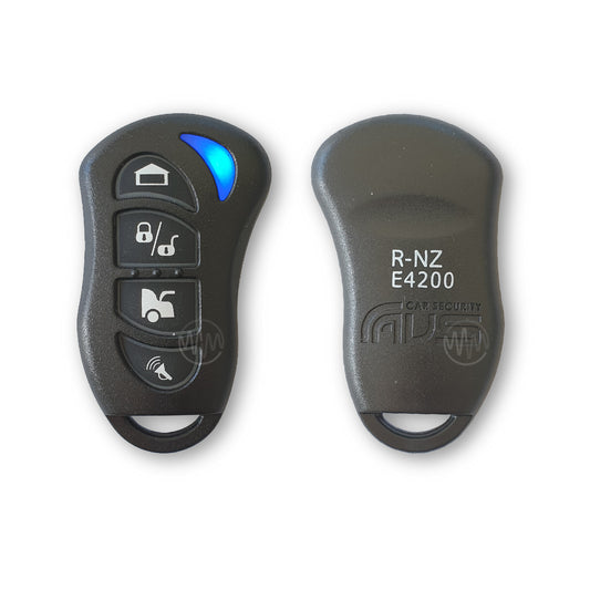 Front & back view of AVS black with 4 black buttons, blue led car alarm remote