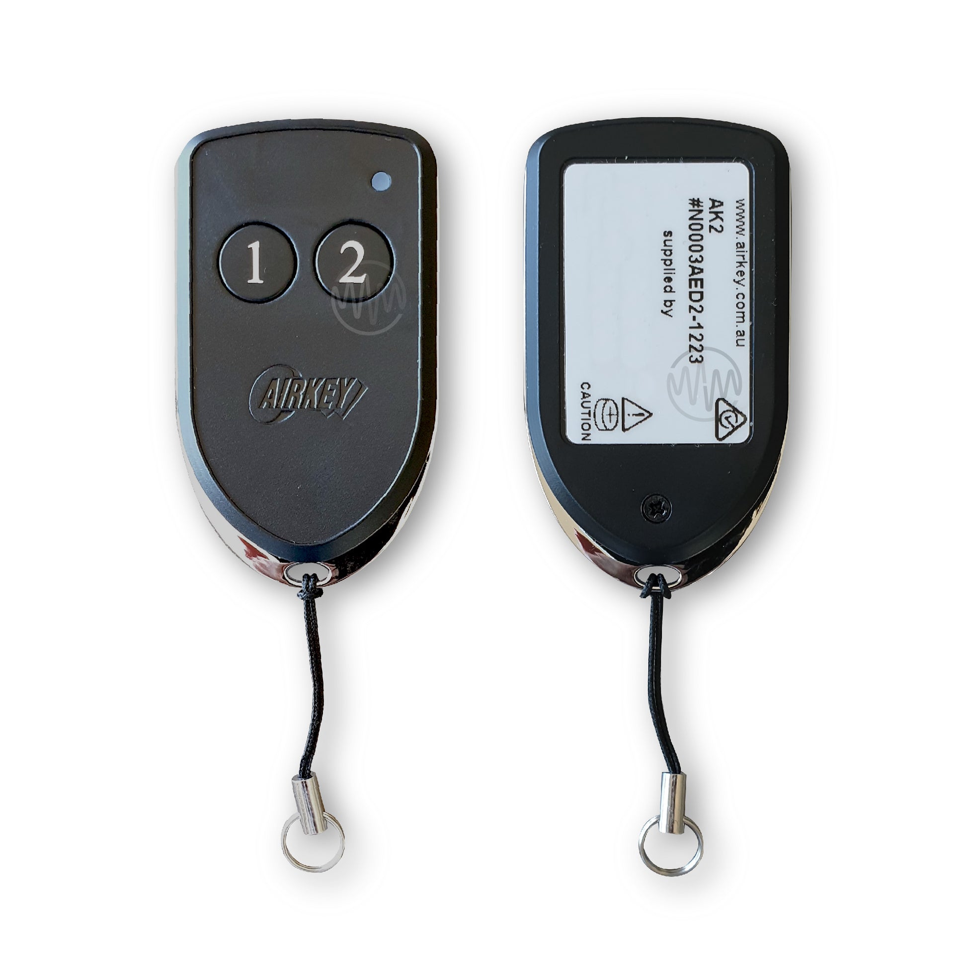 Airkey branded black & chrome shield shape gate remote with 2 round numbered buttons front & back view