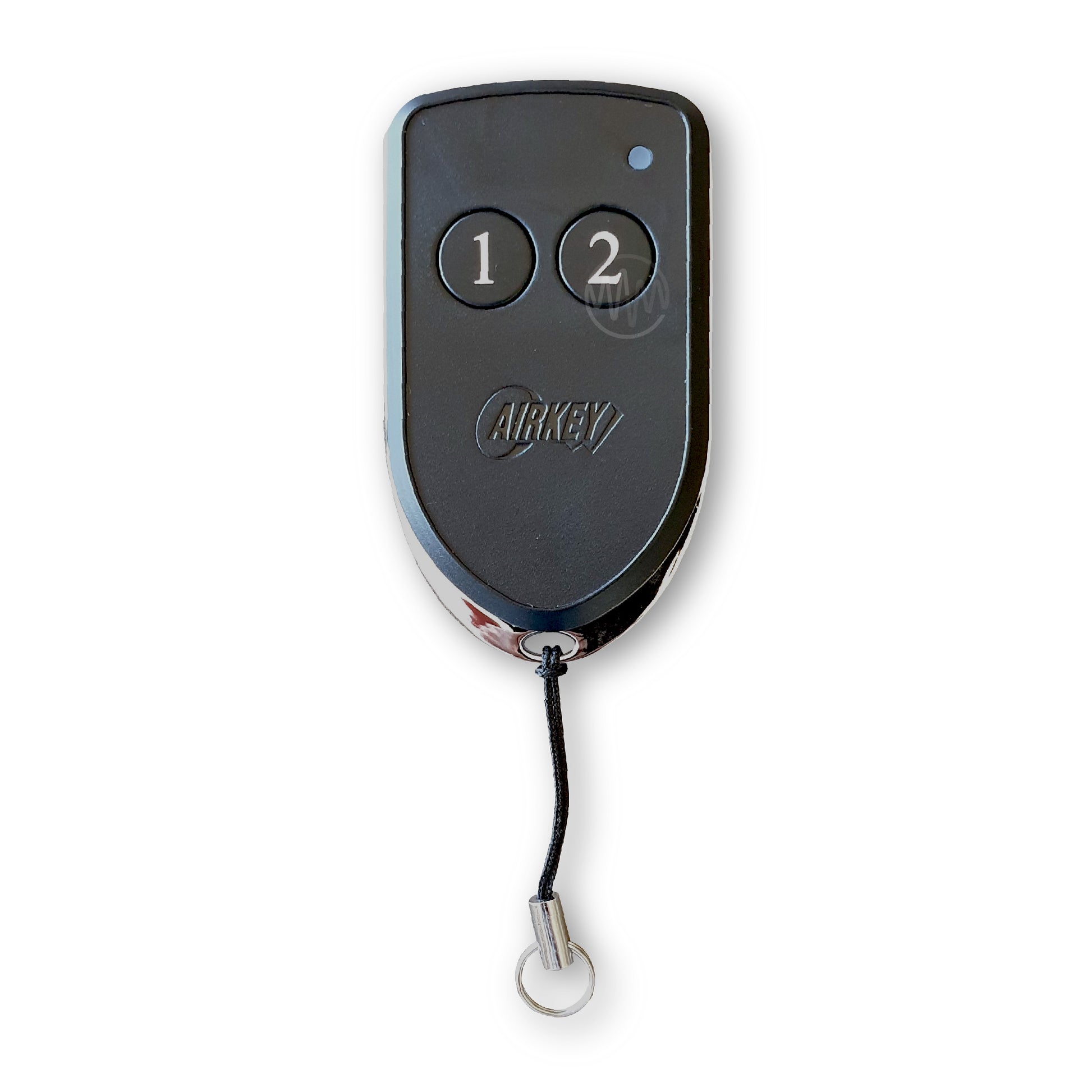 Airkey branded black & chrome shield shape gate remote with 2 round numbered buttons