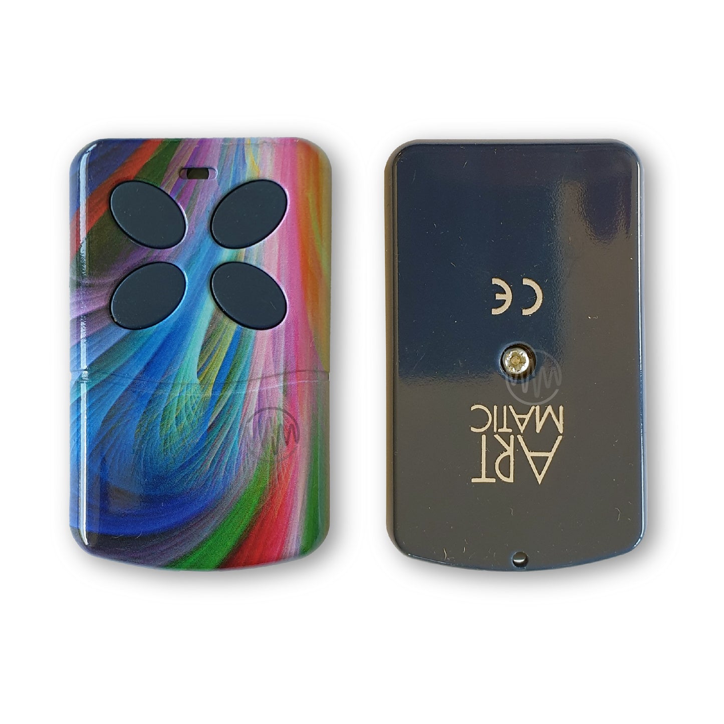 Artmatic universal garage & gate remote with multicoloured feather print on front & 4 grey oval slanted buttons