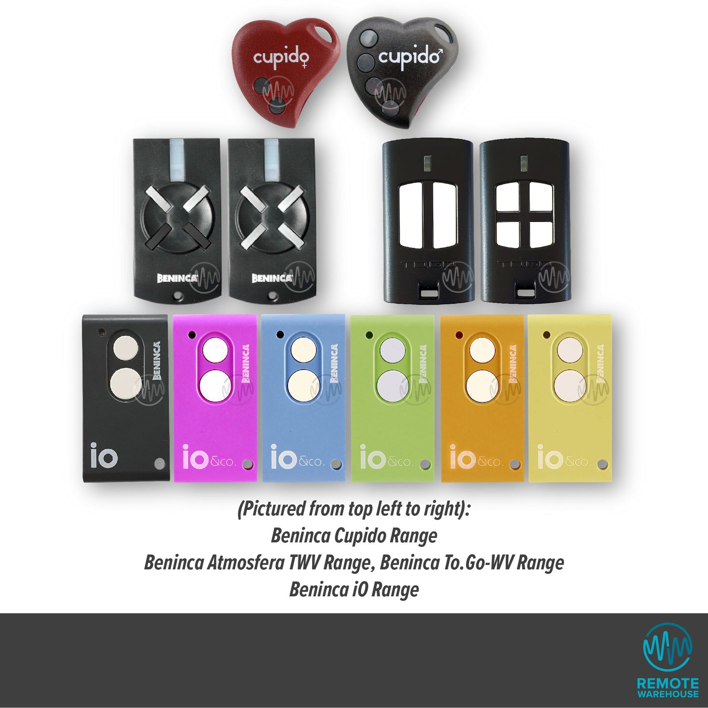 Collection of assorted Beninca, Cupido & iO branded gate remote controls