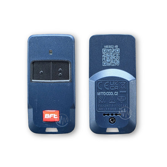 Rounded thin dark blue rectangle BFT branded remote with black rubber button pad divided into 2 with 'MITTO COOL C2' written on the back