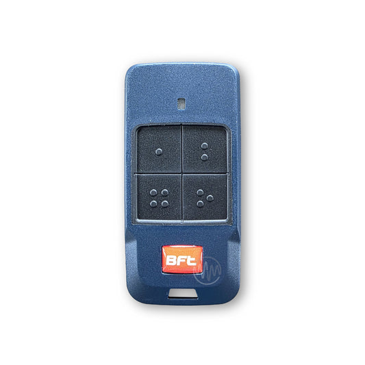 Rounded thin dark blue rectangle BFT branded remote with black rubber button pad divided into 4 with red & white BFT logo on the bottom front
