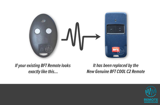 Comparison of an old BFT grey egg shape remote control with a new one, showing the new replacement dark blue BFT COOL C2 garage & gate remote.