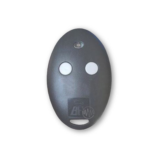 An egg shaped dark grey garage & gate remote with 2 white circle buttons & BFT branding embossed on the front