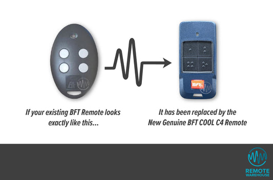Comparison of an old BFT grey egg shape remote control with a new one, showing the new replacement dark blue BFT COOL C4 garage & gate remote.