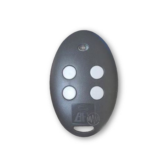 An egg shaped dark grey garage & gate remote with 4 white circle buttons & BFT branding embossed on the front