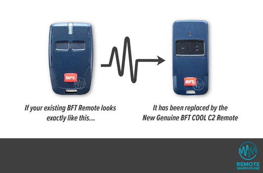 Comparison of an old BFT MITTO remote control with a new one, showing the new replacement dark blue BFT COOL C2 garage & gate remote.