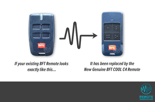 Comparison of an old BFT MITTO remote control with a new one, showing the new replacement dark blue BFT COOL C4 garage & gate remote.
