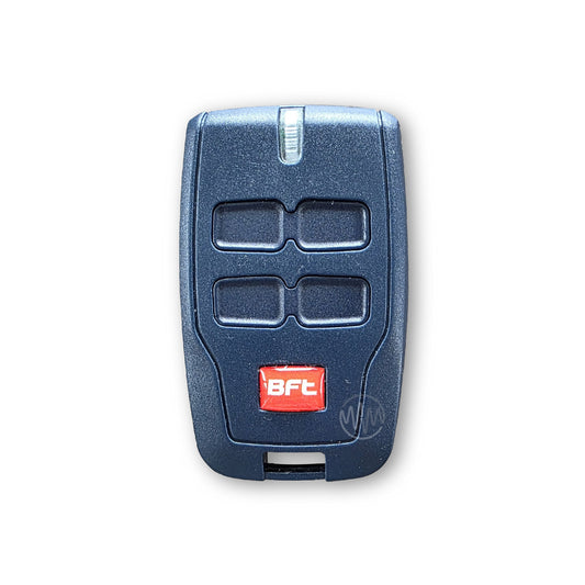 Dark blue garage & gate remote with 4 buttons & red & white BFT raised logo at the bottom front of the remote