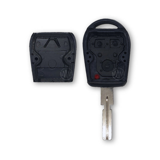 Inside of replacement black car key shell with metal key blade attached for BMW