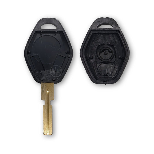 Inside of replacement black car key shell with metal key blade attached for BMW