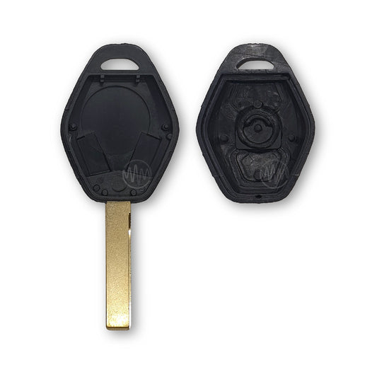 Inside of replacement black car key shell with metal key blade attached for BMW