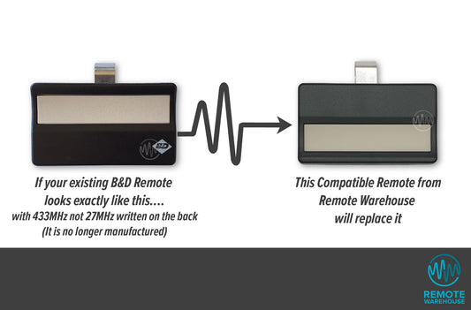 Old single long button black sun visor style B&D branded remote is shown with its replacement unbranded black single button sun visor garage door remote