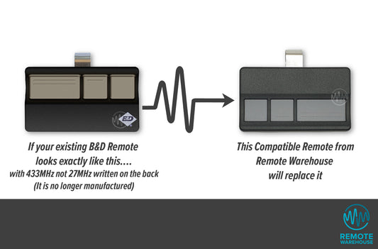 Old 3 button black sun visor style B&D branded remote is shown with its replacement unbranded black 3 button sun visor garage door remote