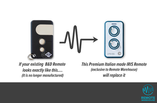 Old black with white round buttons B&D remote shown with its replacement the white & teal Italfile IRIS garage door remote