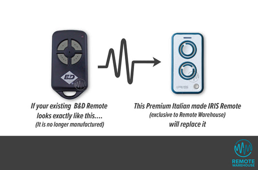 Old black with grey buttons B&D remote shown with its replacement the white & teal Italfile IRIS garage door remote