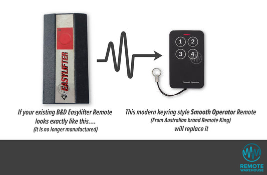 Large black rectangle with 1 red button Easylifter remote is replaced by the smaller black & silver Smooth Operator remote