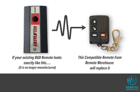 Old large black B&D Easylifter branded remote shown with its replacement small black keyring Remote King branded garage remote control.