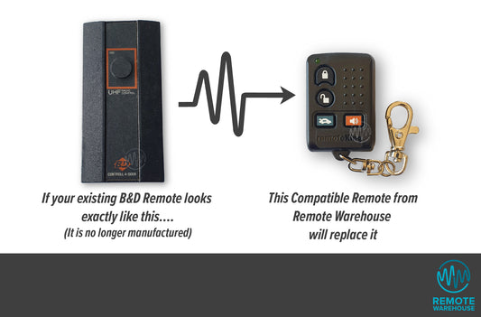 Old large black B&D Controll-A-Door branded remote shown with its replacement small black keyring Remote King branded garage remote control.