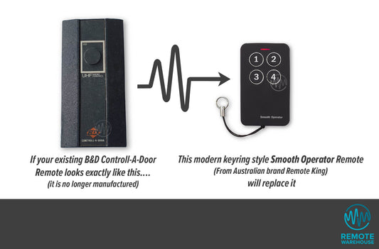 Large black rectangle B&D Controll-A-Door remote is replaced by the key ring size black & silver smooth operator remote