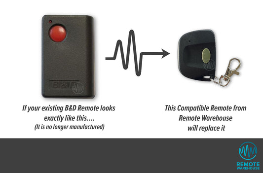 Large black B&D round red button remotes are replaced by small dark grey single button garage remote