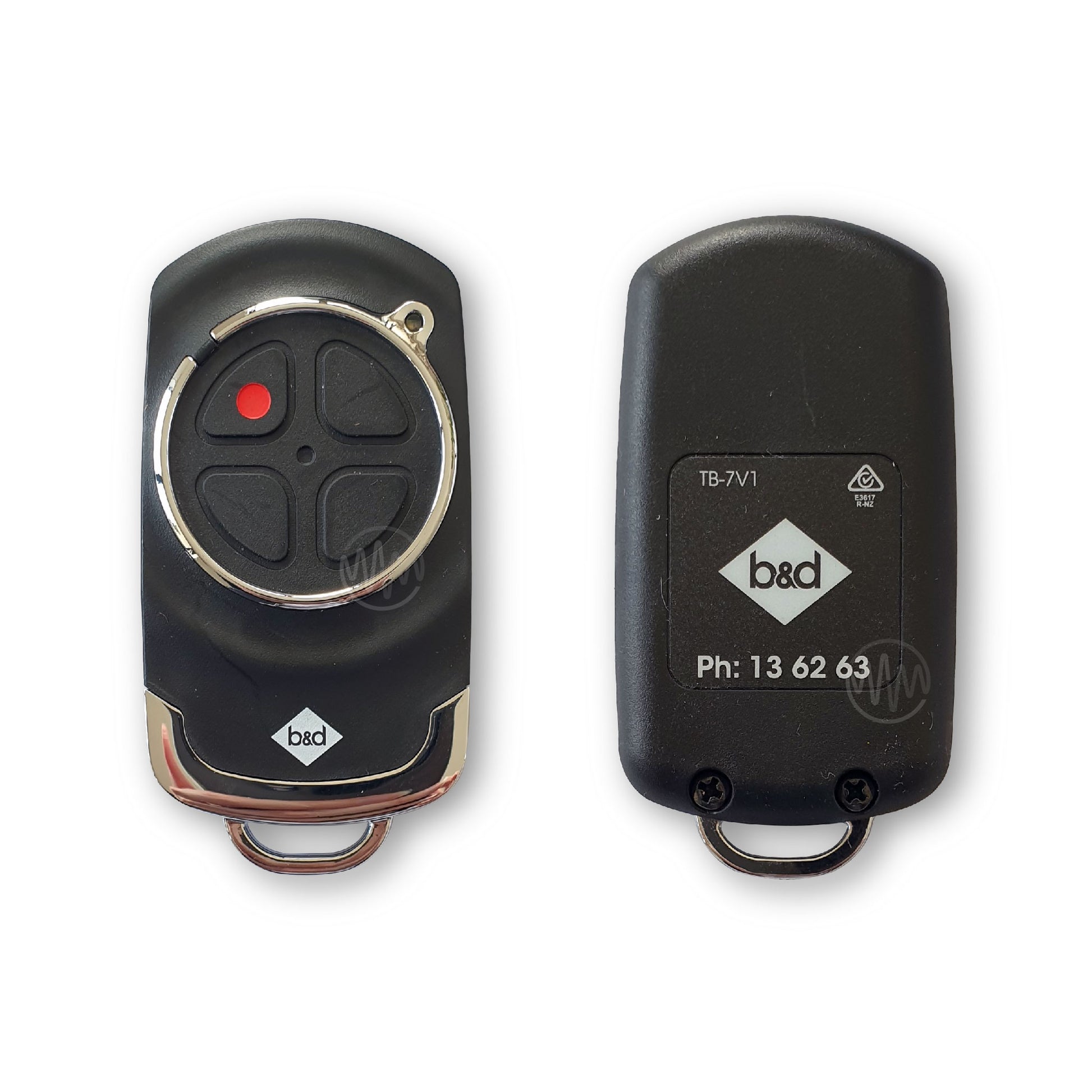 Black B&D TB-7v1 garage remote with 4 segmented black buttons front & back view