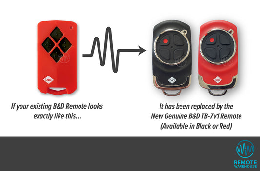 Red B&D TB5v1 remote with black diamond buttons is replaced with Red or Black TB-7v1 garage remotes