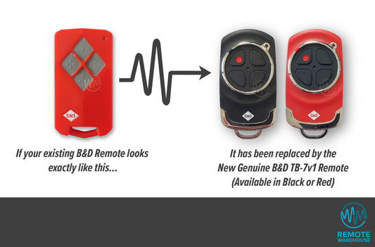 Red B&D TB5v2 remote with grey diamond buttons is replaced with Red or Black TB-7v1 garage remotes