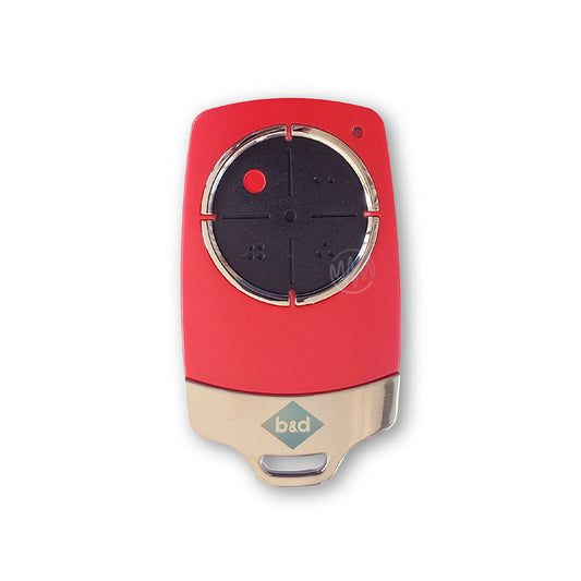 Red B&D TB6 garage remote with large black circle button segmented into 4 parts