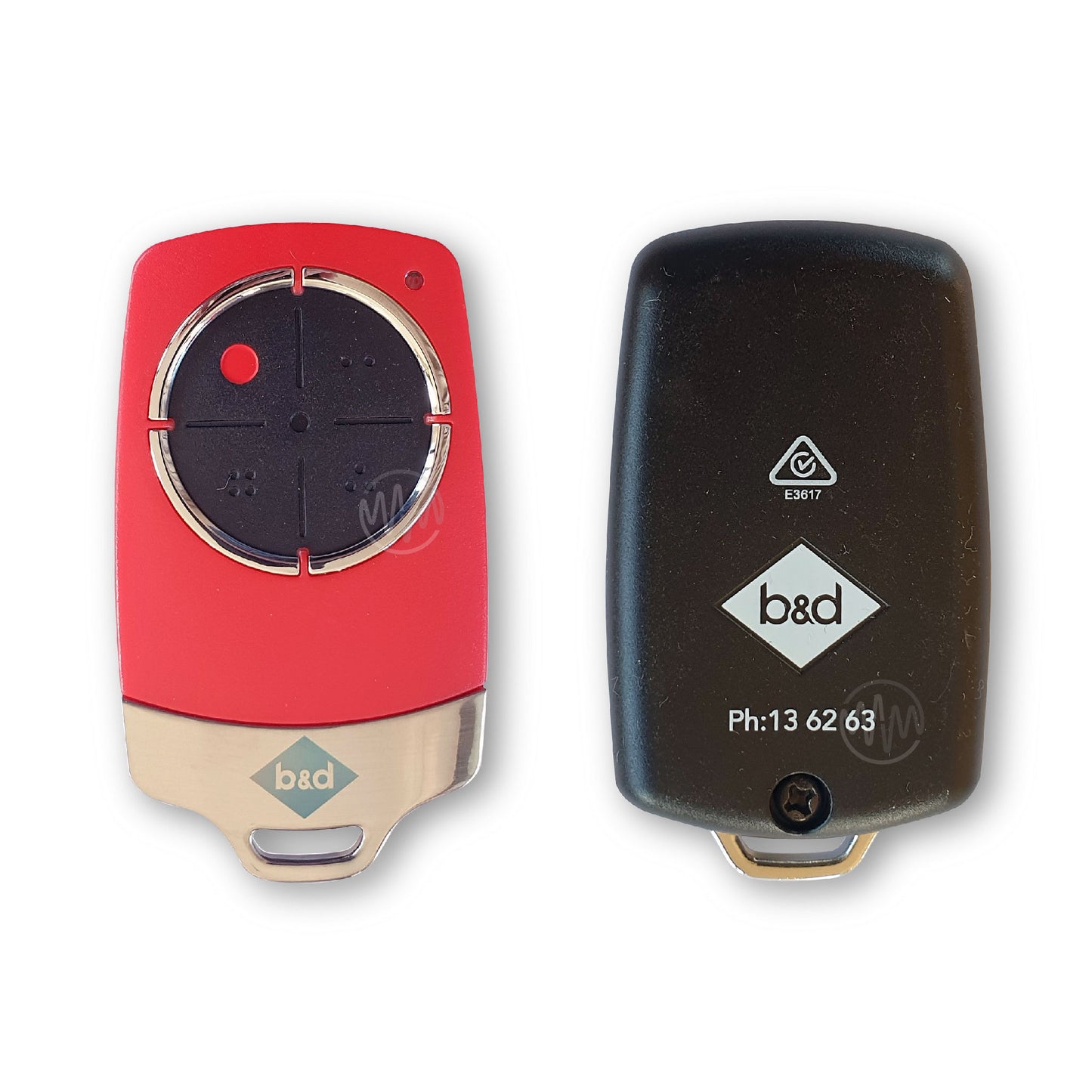 Red B&D TB6 garage remote with large black circle button segmented into 4 Front & Back view