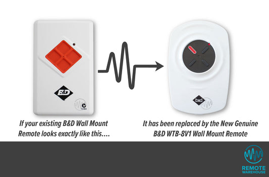 B&D white with red diamond button wall mount garage remote is replaced with B&D white with black circle button wall remote