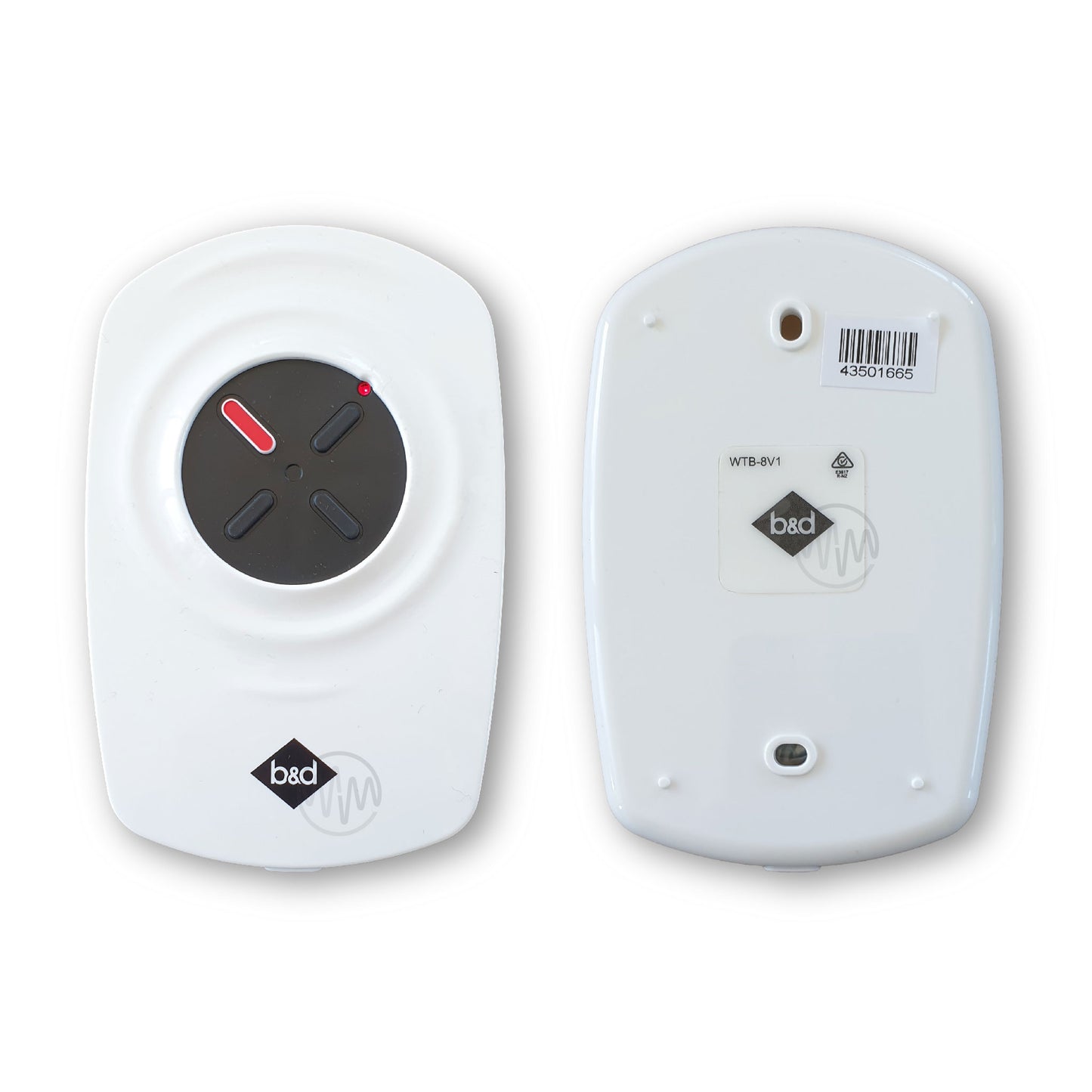 Front & Back of B&D White Wall Mount garage remote with black round dial button