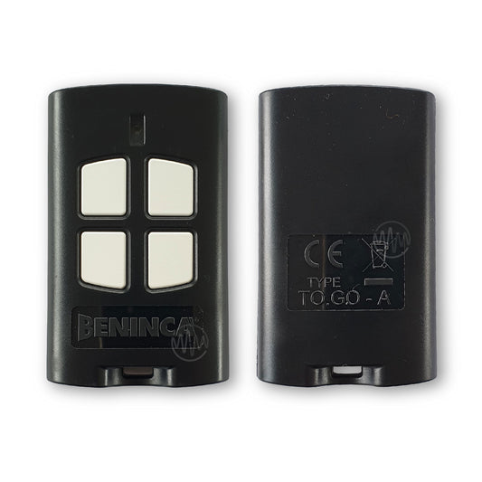 Beninca branded To.Go-A black rectangle gate remote with 4 white buttons front & back