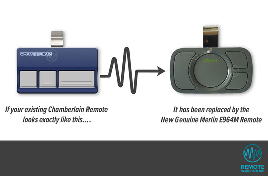 Chamberlain blue 3 button sun visor remote is replaced with the Merlin E960M grey 4 button sun visor remote
