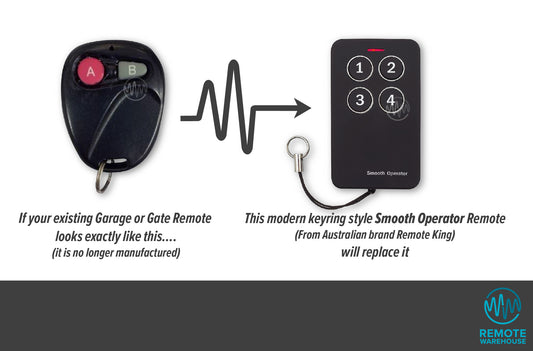 Old discontinued AB button style garage remote pointing to the new replacement Smooth Operator silver & black remote