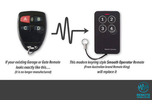 Old discontinued ABCD button style garage remote pointing to the new replacement Smooth Operator silver & black remote