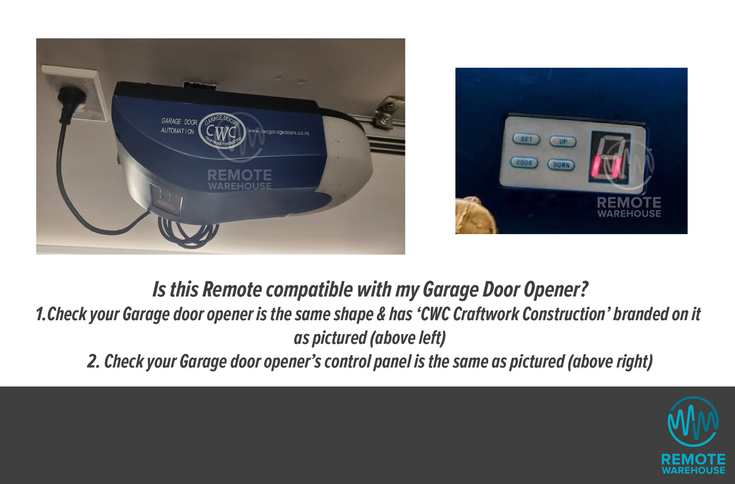 Photos of a CWC Craftwork Construction garage door opener motor & its control panel
