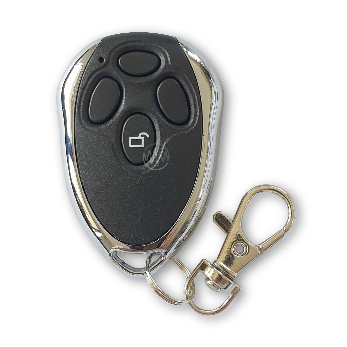 Black & chrome teardrop shape garage remote with 4 oval buttons for a CWC Craftwork Construction garage door opener