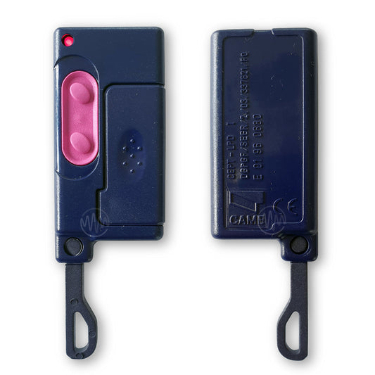 Came TOP-432S purple blue rectangle gate remote with pink buttons front & back view