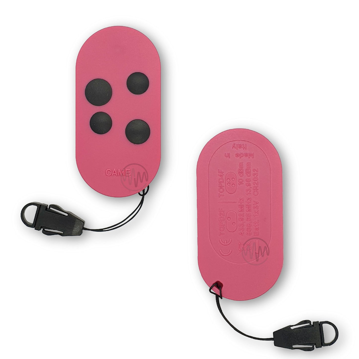 Came pink oval TOPD4F 4 black button gate remote front & back view