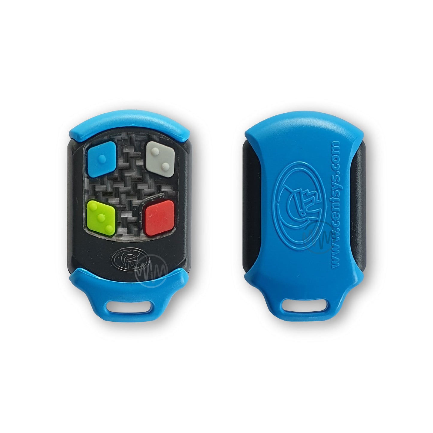 Centsys Nova blue & black remote for gates with 4 multicoloured buttons front & back view