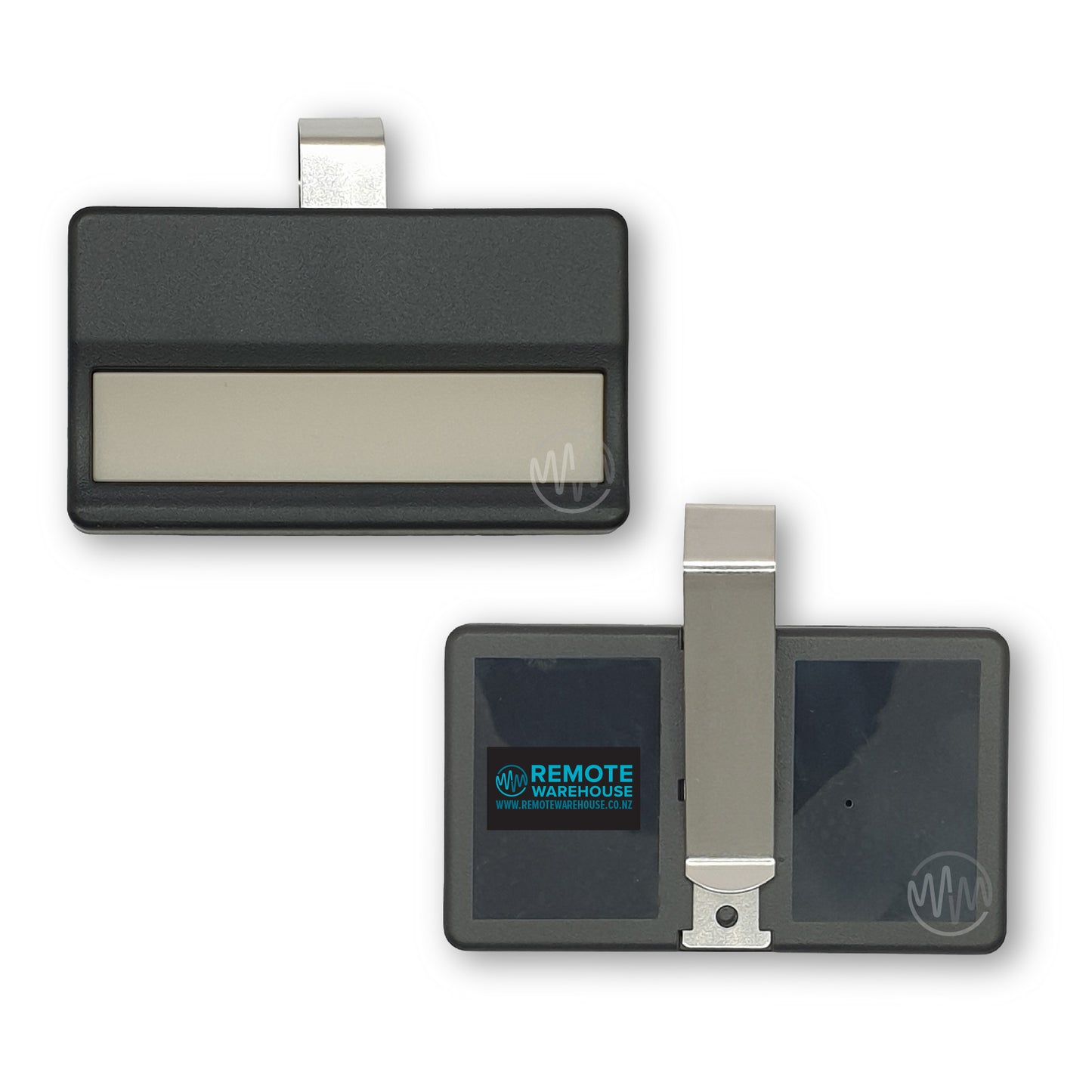 Front & Back view of Chamberlain compatible black sun visor style garage door remote with 1 single long button