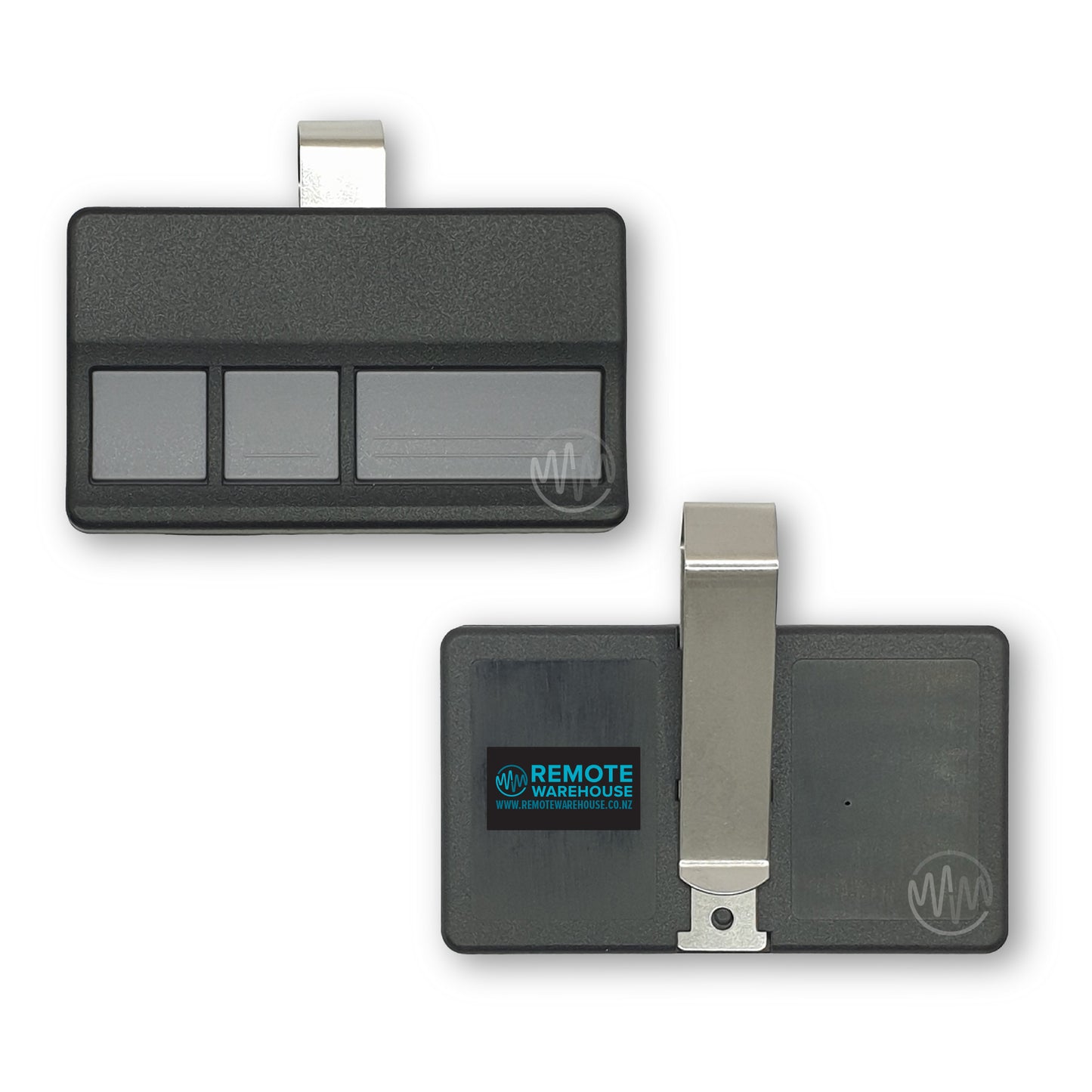 Front & Back view of compatible black 3 button sun visor style garage door remote for Chamberlain