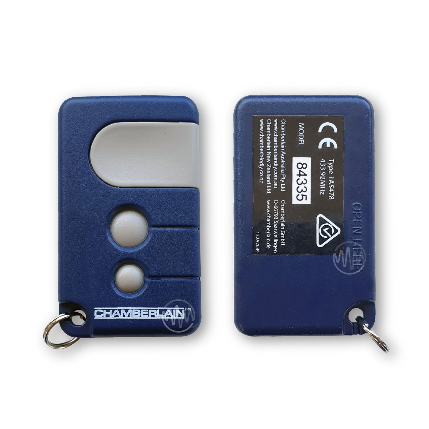 Front & back of Chamberlain branded dark blue key ring garage door remote with 2 white round buttons underneath a large white button